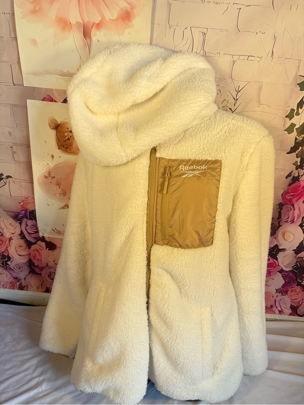 Reebok Cream Sherpa Hooded Jacket with Tan Chest Pocket